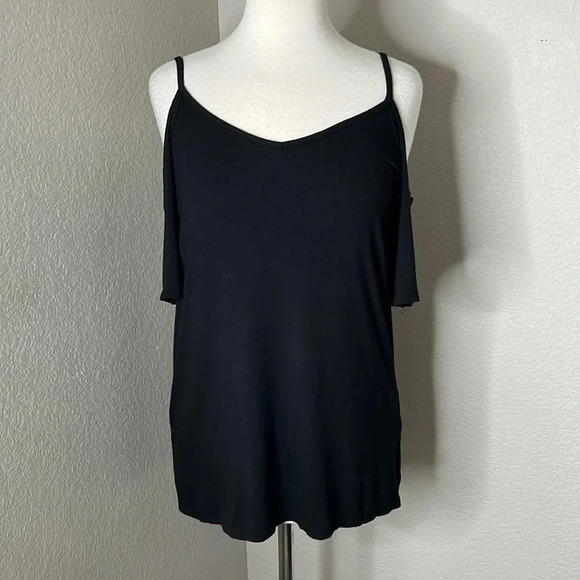 MAUVETTE black off the shoulder spaghetti strap short sleeve top - Picture 1 of 9